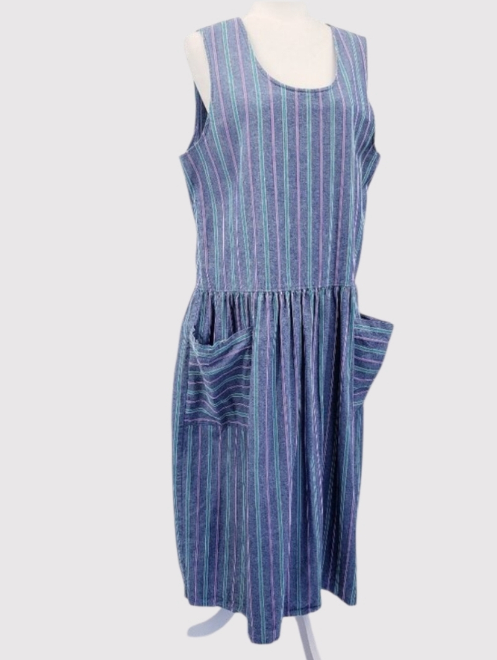 Vtg Joni-Lyn Texas Maxi Dress Sz M Blue Striped Cottagecore Pinafore Garden Girl